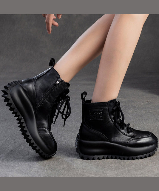 Comfy Lace Up Splicing Platform Boots Coffee Cowhide Leather