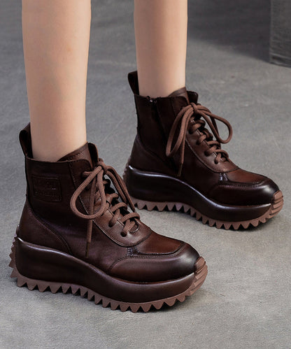 Comfy Lace Up Splicing Platform Boots Coffee Cowhide Leather