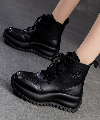 Comfy Lace Up Splicing Platform Boots Coffee Cowhide Leather