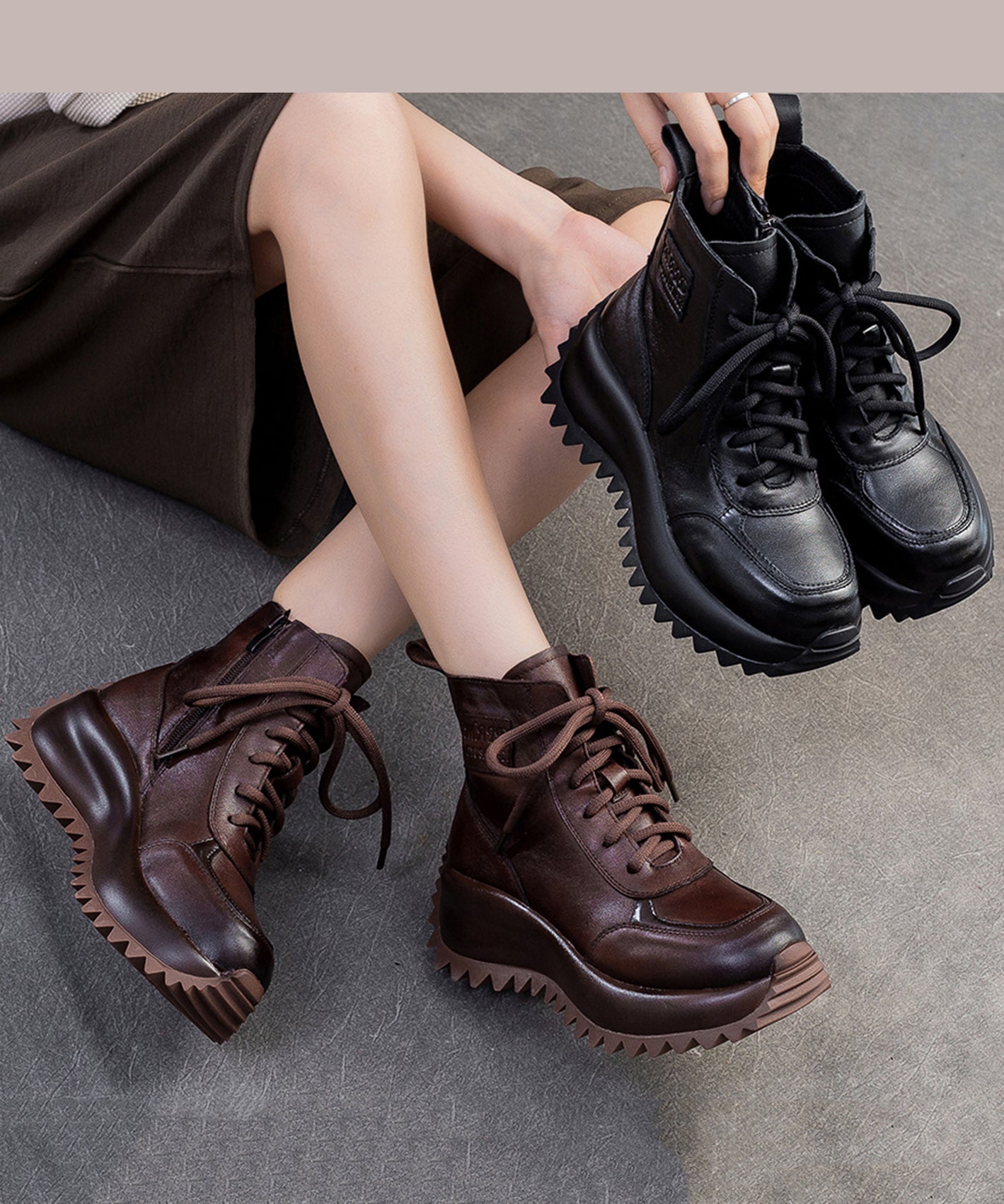 Comfy Lace Up Splicing Platform Boots Coffee Cowhide Leather