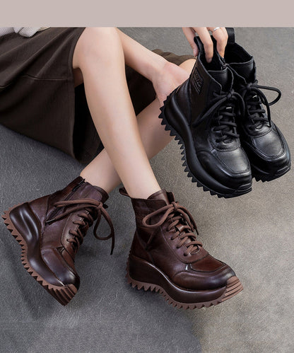 Comfy Lace Up Splicing Platform Boots Coffee Cowhide Leather