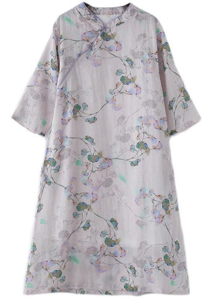 Comfy Light Purple Print Oriental Ramie Maxi Dresses Fall - SooLinen