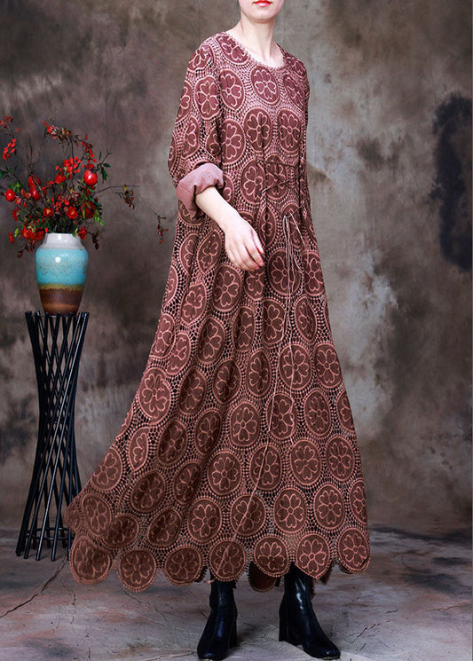 Bequemes, marineblaues, langärmliges Urlaubskleid mit Rundhalsausschnitt und Spitze