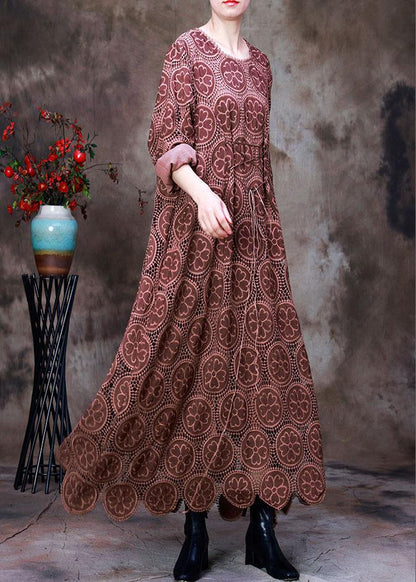 Vintage Orange Besticktes asymmetrisches Design Herbstkleid Langarm