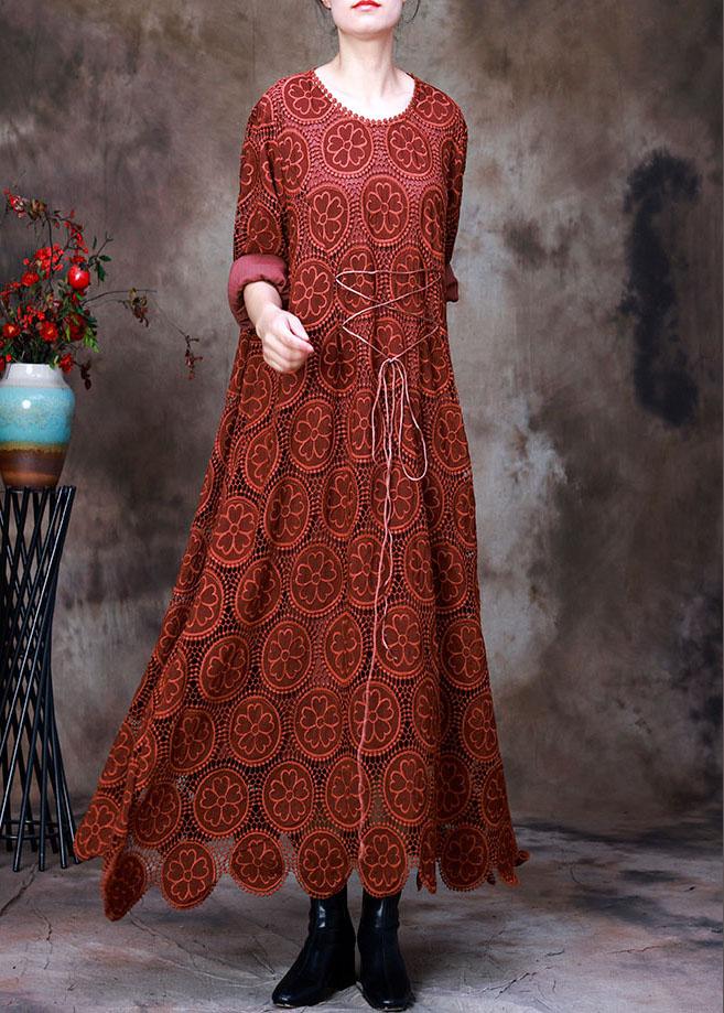 Vintage Orange Besticktes asymmetrisches Design Herbstkleid Langarm