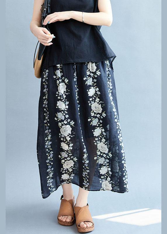 Comfy Navy Pockets Tie Waist Print Fall Floral Skirts - SooLinen
