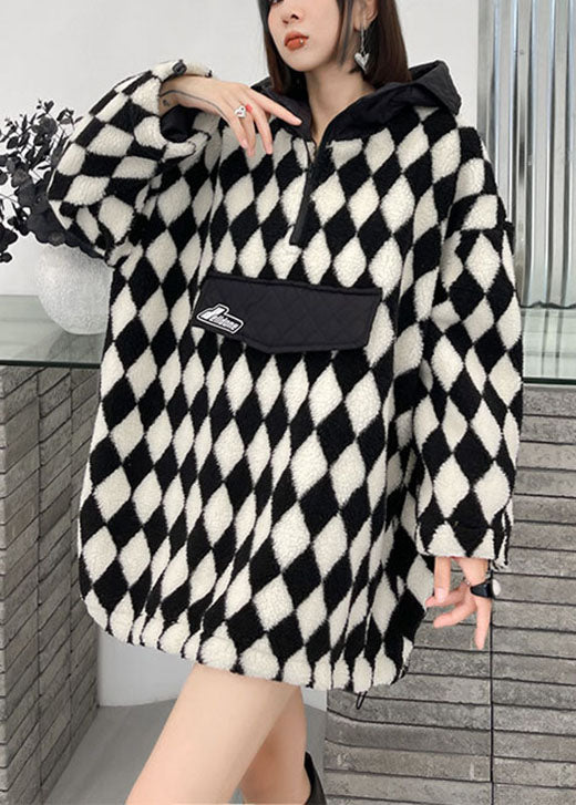 Bequemes kariertes Teddy-Kapuzen-Patchwork-Herbst-Sweatshirt Street Wear
