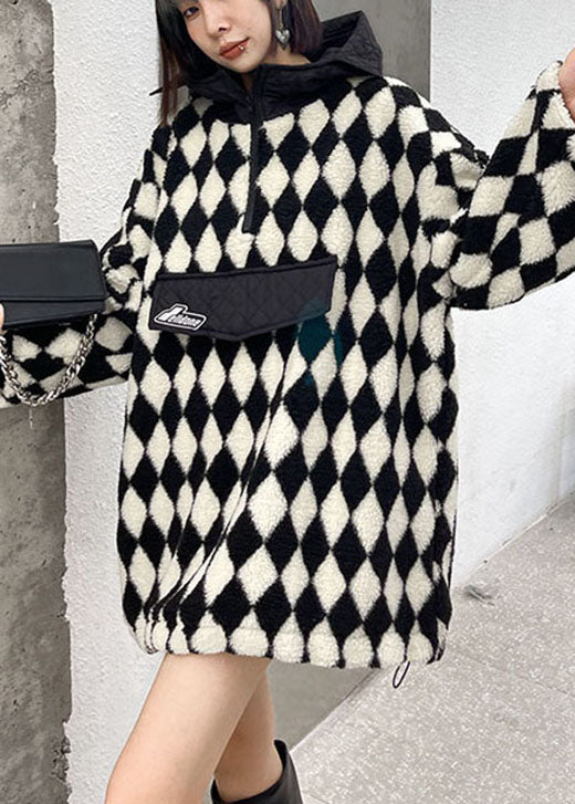 Bequemes kariertes Teddy-Kapuzen-Patchwork-Herbst-Sweatshirt Street Wear