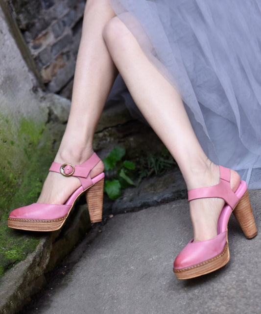 Comfy Splicing Chunky Heel Sandals Pink Cowhide Leather