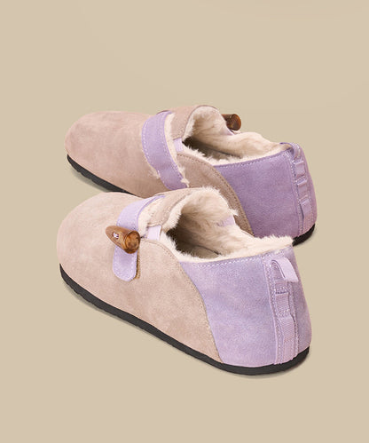 Bequeme flache Schuhe mit Ziernähten, kaffeefarbenes Wildleder, flauschiges Wollfutter