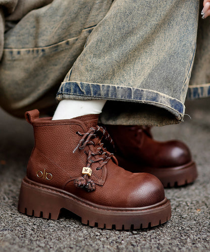 Comfy Splicing Platform Boots Coffee Cowhide Leather Fuzzy Wool Lined