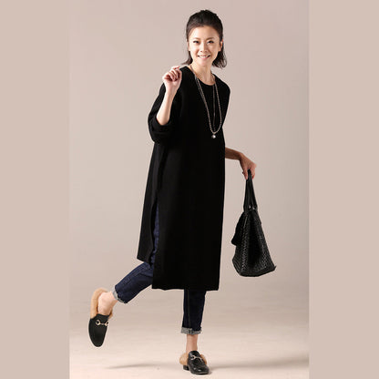 Comfy Sweater outfits Women side open black DIY knitted tops o neck