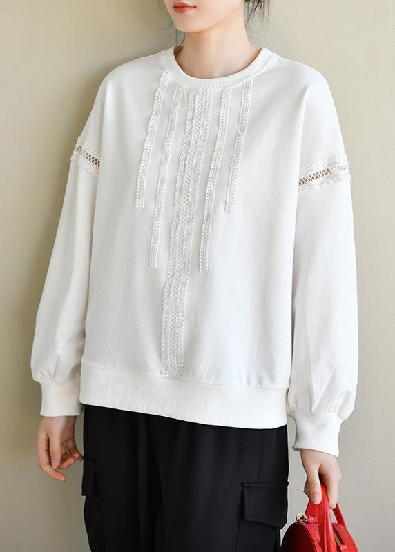 Comfy White Cotton Long sleeve Loose Sweatshirts Top - SooLinen