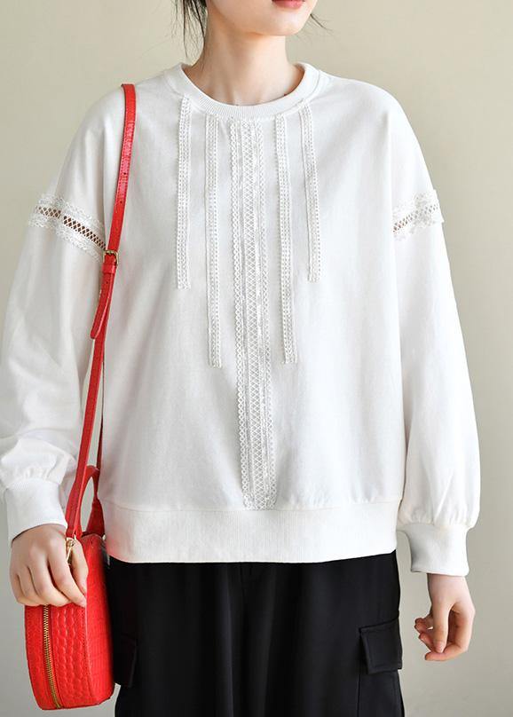 Comfy White Cotton Long sleeve Loose Sweatshirts Top - SooLinen
