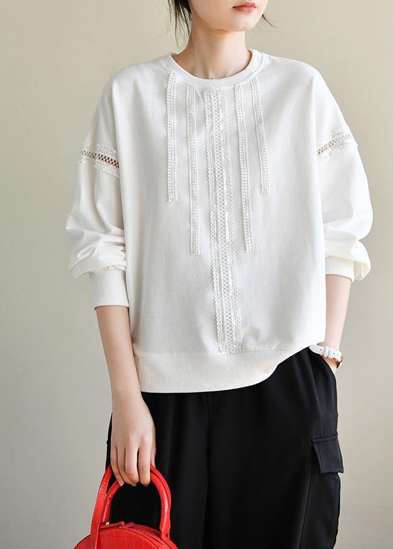 Comfy White Cotton Long sleeve Loose Sweatshirts Top - SooLinen