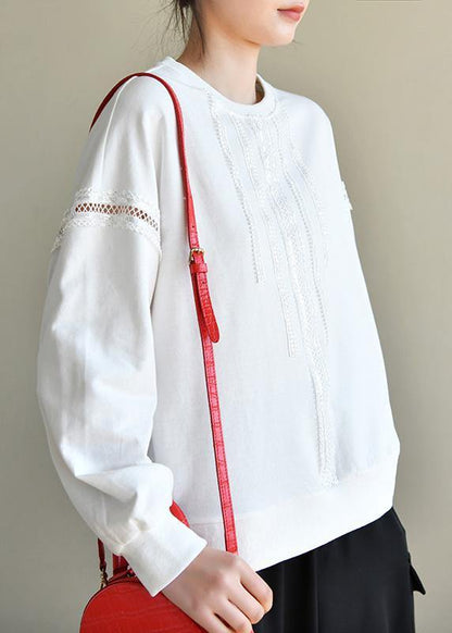 Comfy White Cotton Long sleeve Loose Sweatshirts Top - SooLinen