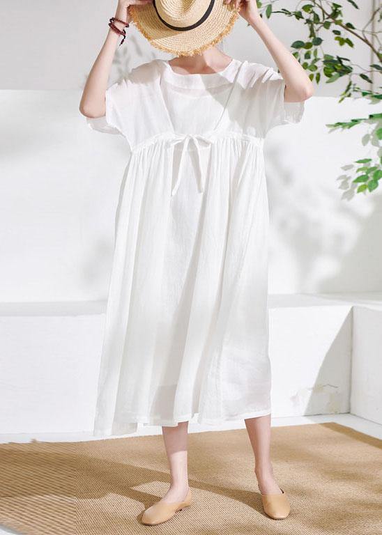Comfy White Tie Waist Patchwork Summer Ramie Vacation Dresses Half Sleeve - SooLinen