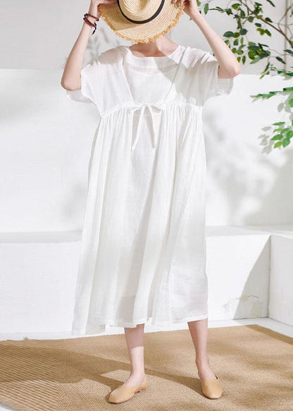 Comfy White Tie Waist Patchwork Summer Ramie Vacation Dresses Half Sleeve - SooLinen