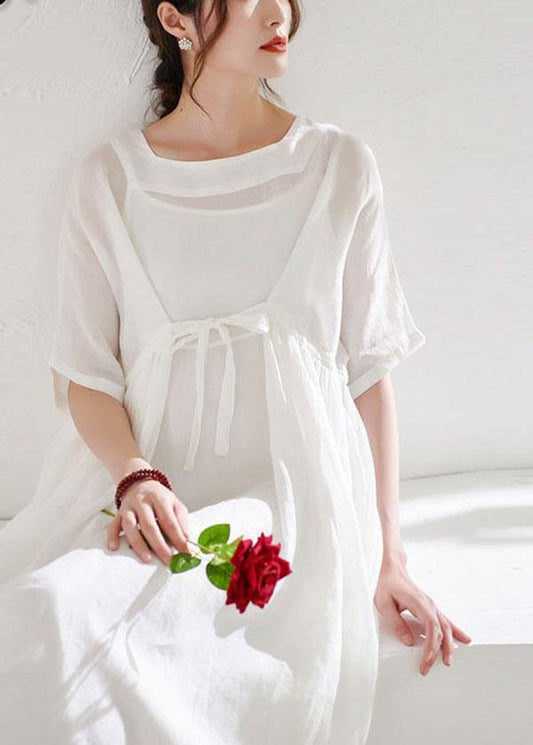 Comfy White Tie Waist Patchwork Summer Ramie Vacation Dresses Half Sleeve - SooLinen