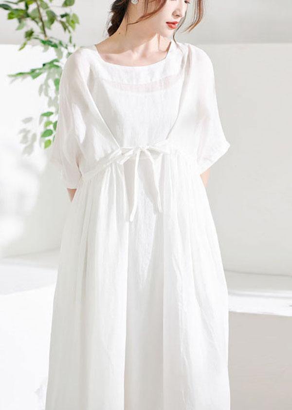 Comfy White Tie Waist Patchwork Summer Ramie Vacation Dresses Half Sleeve - SooLinen