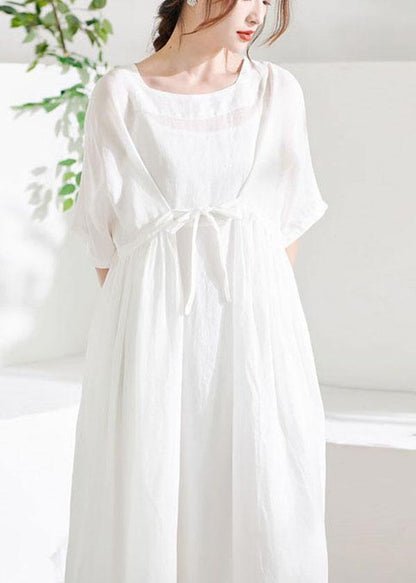 Comfy White Tie Waist Patchwork Summer Ramie Vacation Dresses Half Sleeve - SooLinen