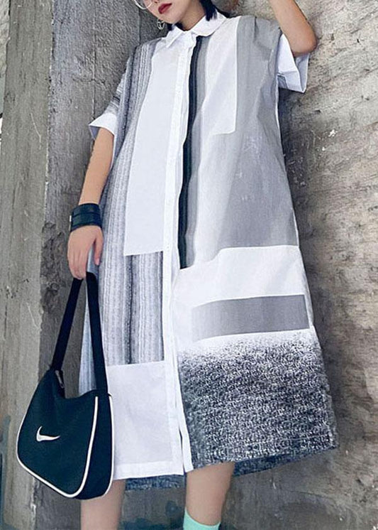 Comfy WhiteLoose Peter Pan Collar Summer Short Sleeve Cotton Mid Dress - SooLinen