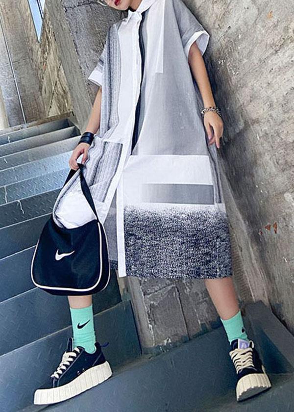 Comfy WhiteLoose Peter Pan Collar Summer Short Sleeve Cotton Mid Dress - SooLinen