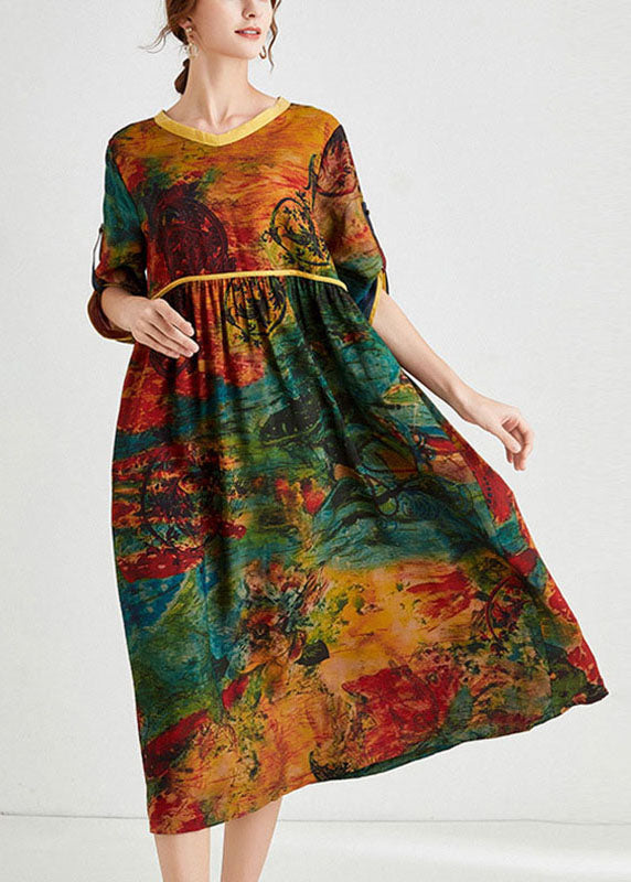 Bequemes gelbes Print-Urlaubskleid mit V-Ausschnitt für den Herbst