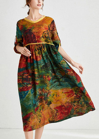 Bequemes gelbes Print-Urlaubskleid mit V-Ausschnitt für den Herbst