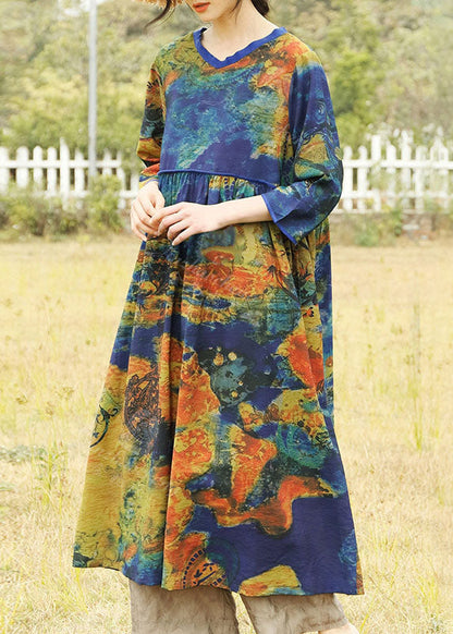 Bequemes gelbes Print-Urlaubskleid mit V-Ausschnitt für den Herbst