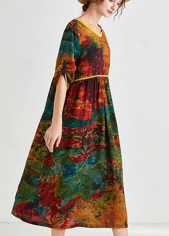 Bequemes gelbes Print-Urlaubskleid mit V-Ausschnitt für den Herbst