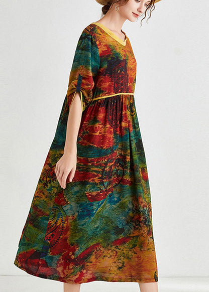 Bequemes gelbes Print-Urlaubskleid mit V-Ausschnitt für den Herbst