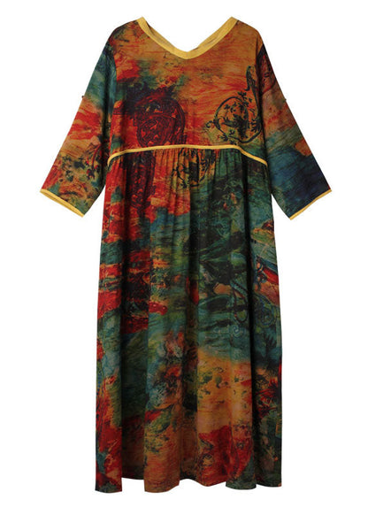 Bequemes gelbes Print-Urlaubskleid mit V-Ausschnitt für den Herbst