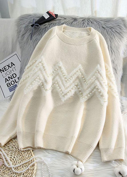 Comfy beige knitted t shirt o neck Loose fitting knitwear - SooLinen