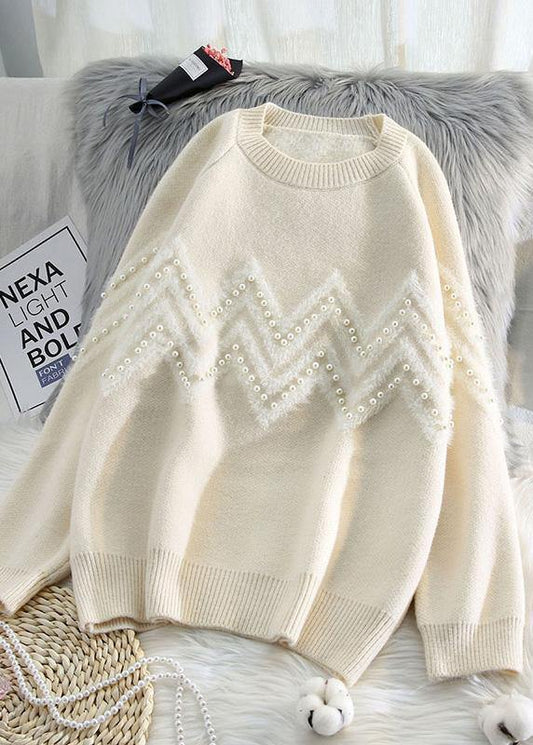 Comfy beige knitted t shirt o neck Loose fitting knitwear - SooLinen