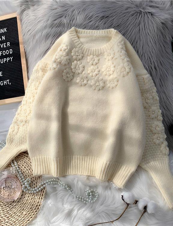 Comfy beige knitted top o neck embroidery oversize knit tops - SooLinen