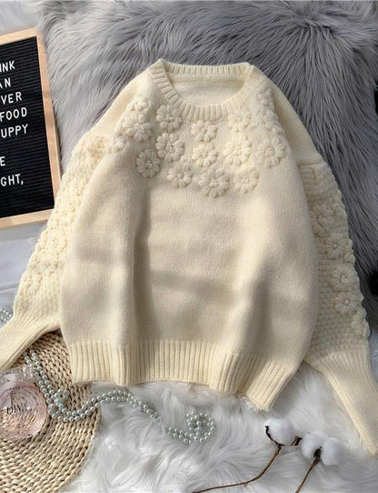 Comfy beige knitted top o neck embroidery oversize knit tops - SooLinen