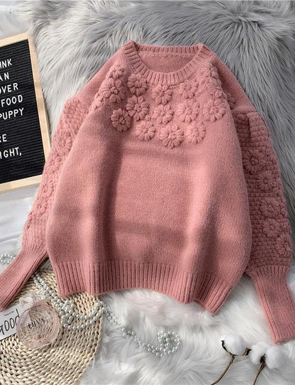 Comfy beige knitted top o neck embroidery oversize knit tops - SooLinen