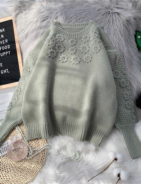 Comfy beige knitted top o neck embroidery oversize knit tops - SooLinen