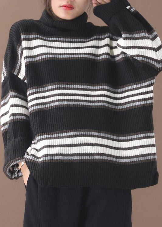 Comfy black striped clothes oversized winter sweaters high neck - SooLinen
