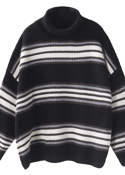 Comfy black striped clothes oversized winter sweaters high neck - SooLinen