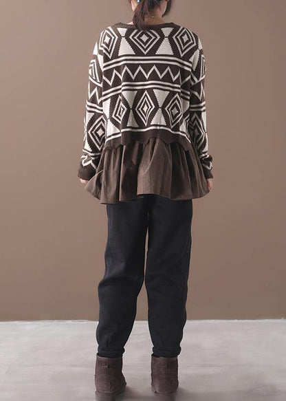 Comfy brown Sweater Blouse patchwork casual Geometry knit tops - SooLinen
