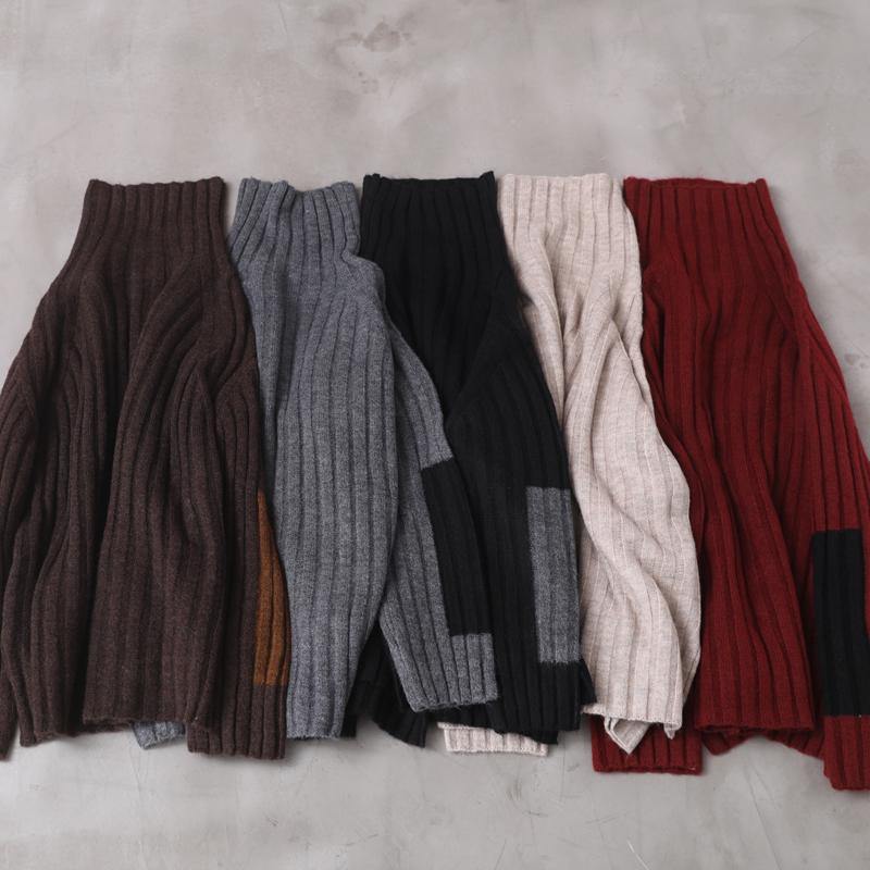 Comfy burgundy knit blouse patchwork sleeve plus size high neck knit tops - SooLinen