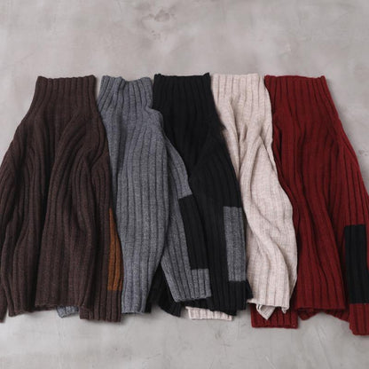 Comfy burgundy knit blouse patchwork sleeve plus size high neck knit tops - SooLinen