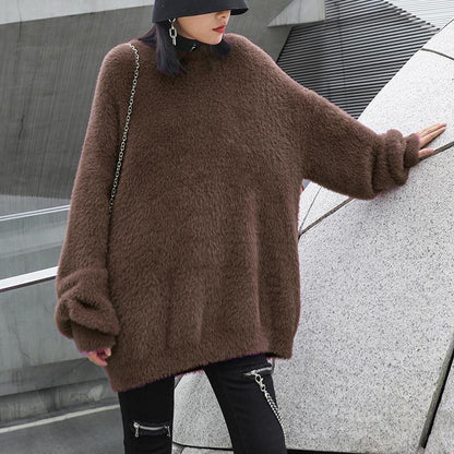 Comfy chocolate knit sweat tops trendy plus size o neck baggy clothes - SooLinen