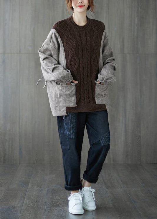 Comfy fall chocolate knitted blouse plus size o neck patchwork knitted t shirt - SooLinen