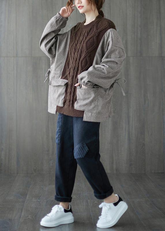 Comfy fall chocolate knitted blouse plus size o neck patchwork knitted t shirt - SooLinen