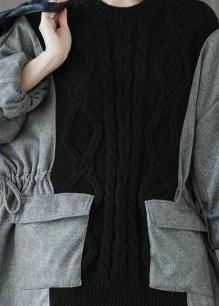 Comfy fall chocolate knitted blouse plus size o neck patchwork knitted t shirt - SooLinen