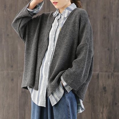 Comfy fall gray knitwear  plus size patchwork knitted pullover - SooLinen