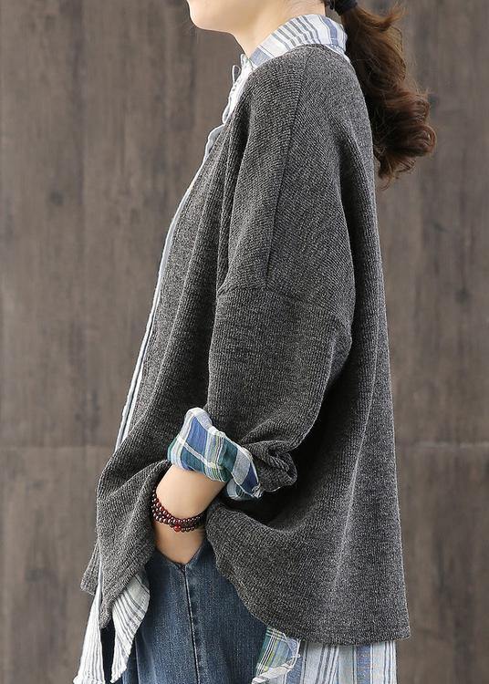 Comfy fall gray knitwear  plus size patchwork knitted pullover - SooLinen